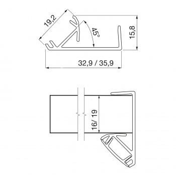 LED Profil-45A für 19 mm Plattenstärke 2 m mit opaler Abdeckung für LED Streifen