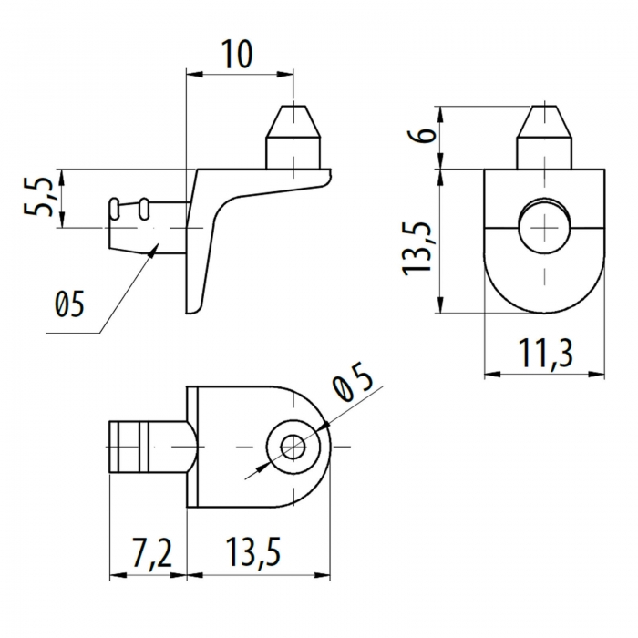 100 Stück Bodenträger D5 mm mit Doppelzapfen Länge 13,5 mm