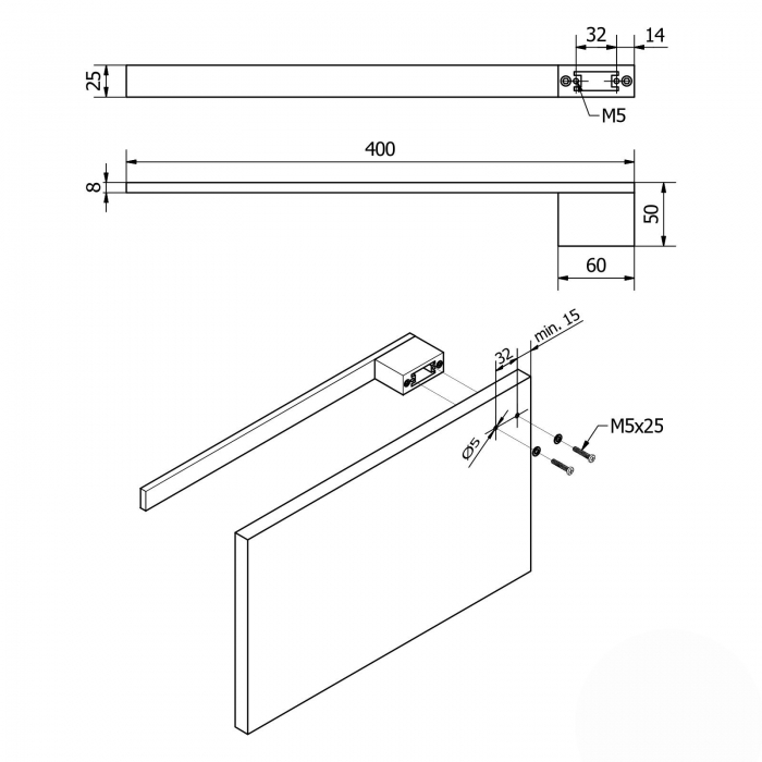 Aluminium Handtuchhalter PARAT III 400 x 50 x 25 mm für die Schrankmontage