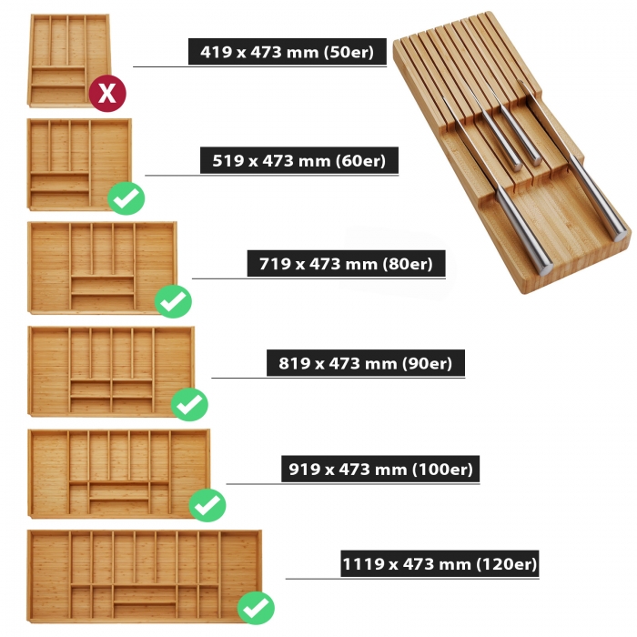 Orga-Box-1 BAMBUS Besteckeinsatz Tiefe 473 mm für Blum Tandembox / Antaro Schubladen