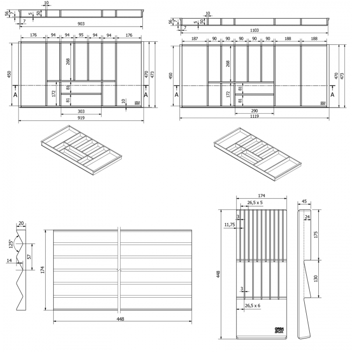 Orga-Box-1 BAMBUS Besteckeinsatz Tiefe 473 mm für Blum Tandembox / Antaro Schubladen