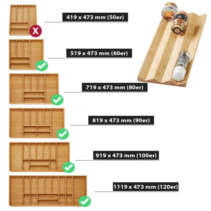 Orga-Box-1 BAMBUS Besteckeinsatz Tiefe 473 mm für Blum Tandembox / Antaro Schubladen