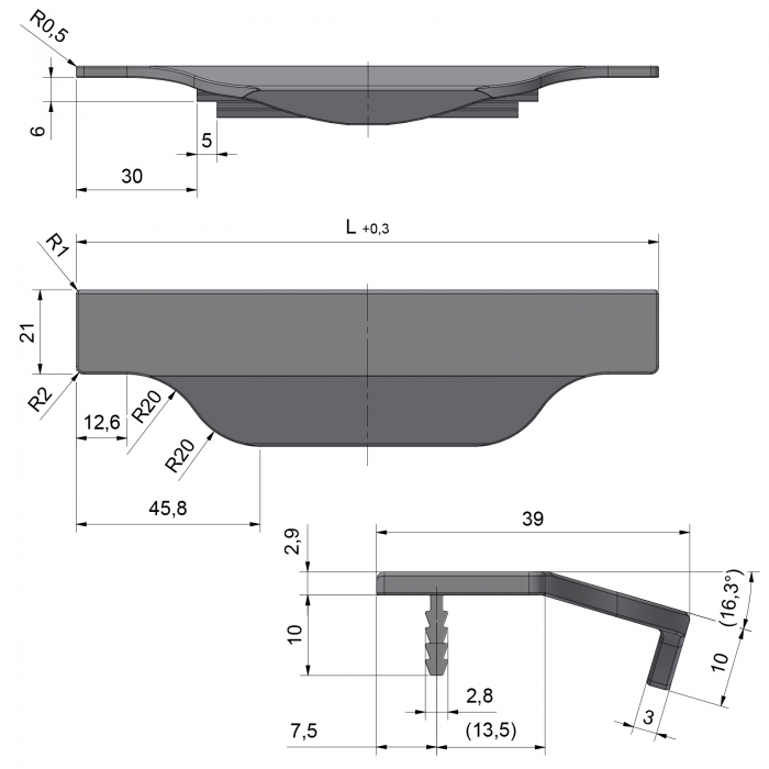 Griffleiste Schüco KONTUR 146 - 1196 mm Edelstahloptik gebürstet Aluminiumprofil mit Harpunensteg zum Einfräsen